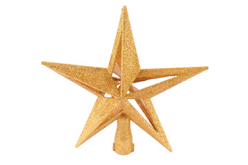 Golden glittering star shaped Christmas ornament isolated on whi