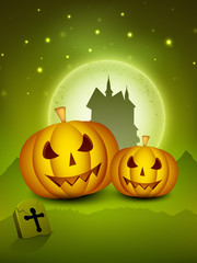 Halloween night background with scary pumpkins and silhouette of