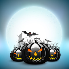 Scary pumpkins with flying bats on Halloween full moon night bac