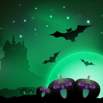 Halloween night background with scary pumpkins, flying bats and