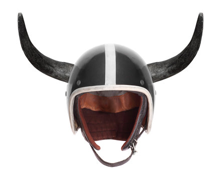 Retro motorcycle helmet with bull long horns.