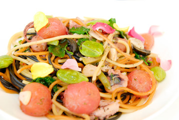Mixed spaghetti spicy seafood in the plate