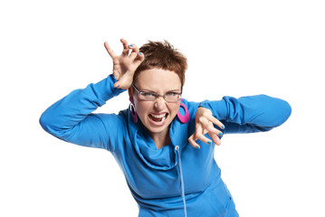 Young woman makes funny face (isolated on white)