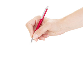 Hand with pen isolated on white background