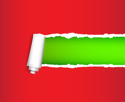 christmas background, torn red paper, green band