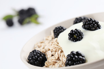 Oatmeal with yogurt and fresh organic blackberries