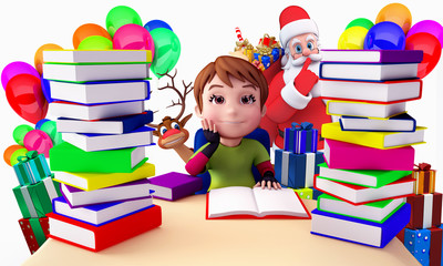 a boy sitting before many books