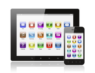 Tablet pc and smart phone with icons on white background
