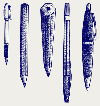 Pencil, pen and fountain pen icons. Doodle style