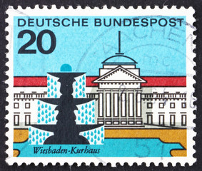 Postage stamp Germany 1964 Fountain and Building, Wiesbaden
