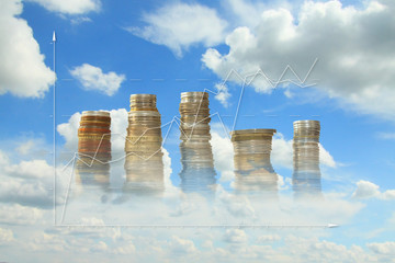 Stakes of Coins and a Diagram against the Sky - obrazy, fototapety, plakaty