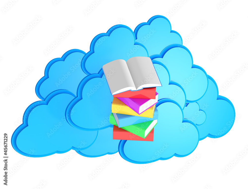 Poster e-lerning concept / stack of multicolored books with open book