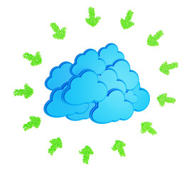 Green download arrows made from numbers around blue clouds on a