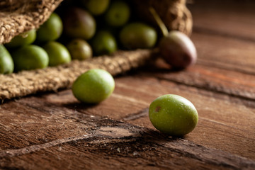 Olives on Wood with Jute Sack