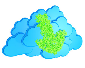 Green download arrow symbol made from numbers before blue clouds