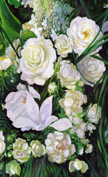 bouquet of white roses, canvas, oil