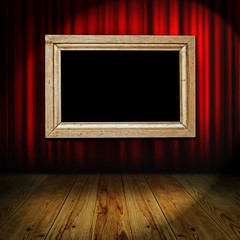red curtain with vintage wooden frame