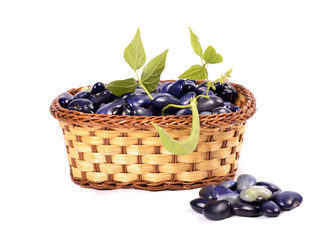 black beans in a basket with green leaves, isolated
