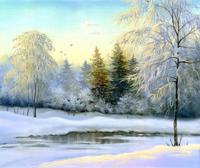beautiful winter landscape, canvas, oil - 45673002
