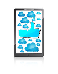Mobile phone with "Like" symbol and blue clouds