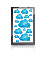 Mobile phone with blue clouds on a white background