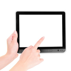 Finger pointing at tablet PC