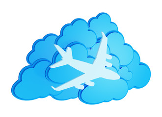 3d clouds with silhouette of jet airliner icon isolated on white