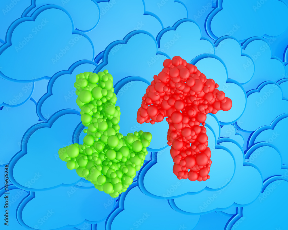 Poster upload and download arrows made from spheres on cloud computin