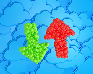 upload and download arrows  made from spheres on cloud computin