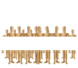 Wooden men holding blank banner for copy (focus on the blank spa