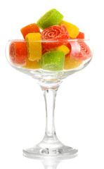 colorful jelly candies in  in cocktail glass isolated on white.