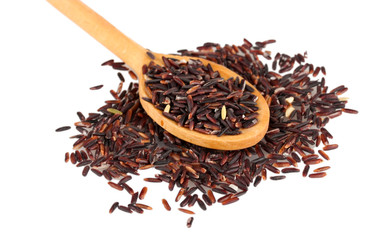 black rice  in wooden  spoon isolated on white background