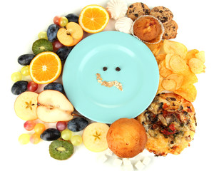 Blue plate surrounded by useful and harmful food isolated