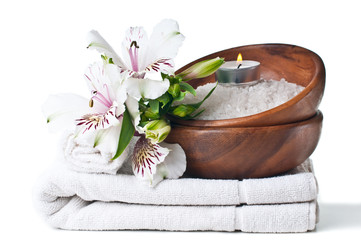 resources for spa, white towel and flower