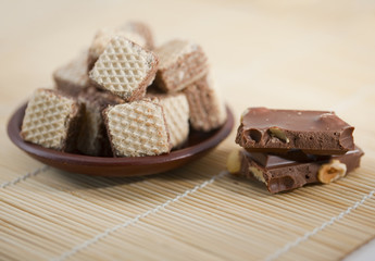 Waffle in the plate  with chocolate