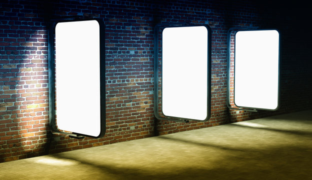 3d Blank Street Advertising Billboards On Brick Wall At Night