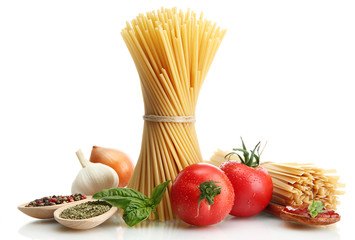 Pasta spaghetti, vegetables and spices, isolated on white