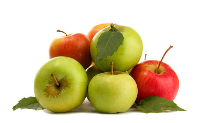 sweet apples with leaves, isolated on white