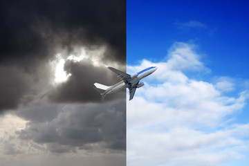 Plane flying out of stormy sky into blue sky - Powered by Adobe