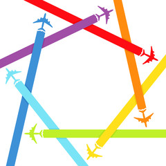 Background with rainbow airplanes. Vector illustration.