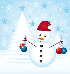 Snowman decorating christmas tree. Sweet greeting card.