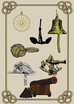 set of ancient naval supplies and tools