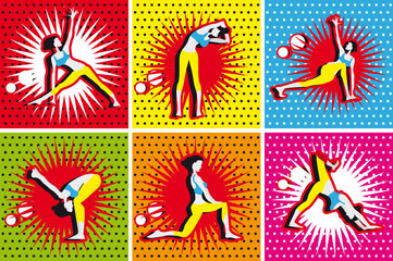 Pop Art Comic yoga, pilates big set of vector symbols