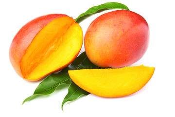 fresh mango fruit with cut and real mango leafs