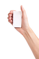 Businessman's hand holding blank business card