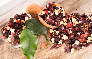 Fruits tea with leaf isolated on white background 
