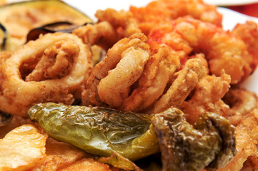 spanish combo platter with fries, grilled pepper and fried shrim