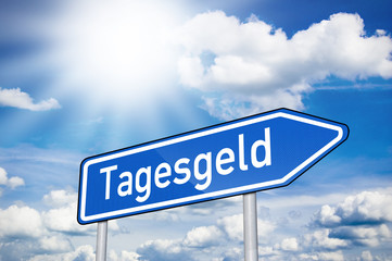 Blaues Schild mit Tagesgeld und Sonne