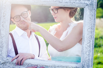 Lovely laughing wedding couple 