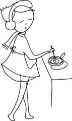 freehand sketch cartoon girl cooking